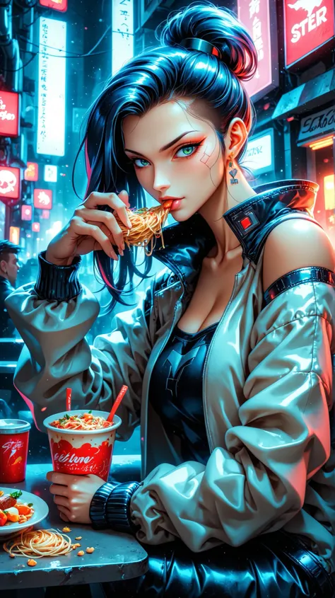Create an image of a young beautiful woman named Elle. Elle is a bladerunner, sitting at a flying noodle soup shop and eating a noodle soup. in neon mega cyberpunk city. anime, cyberpunk, DB4RZ, DB4RZ style painting, in the style of cksc