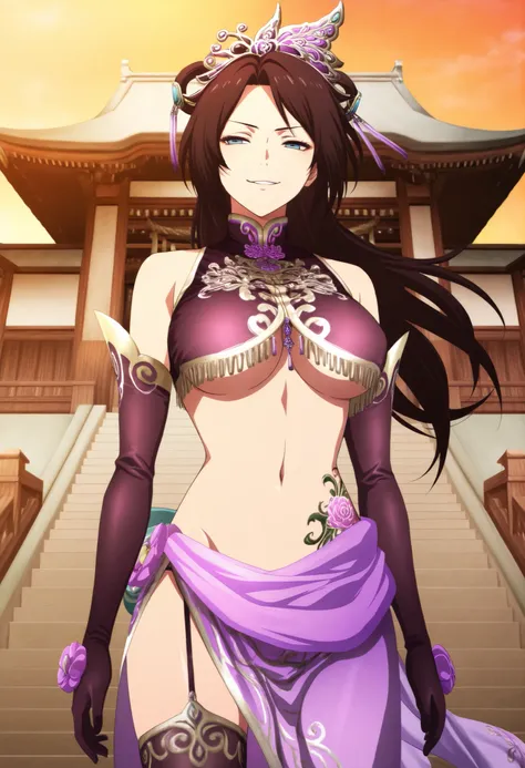 Masterpiece,top quality,amazing quality,
Diaochan,
1girl,alone,Brown Hair,long hair,Half updo,bangs,Blue Eyes,Purple Headdress, Purple Tassel ,Purple Crop Top,Split Purple Sleeves,purple gloves ,Purple Sheer Wrap Skirt,Black Legwear,
headdress, Dress, flow...