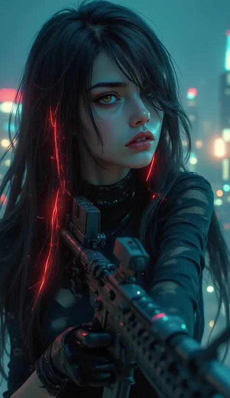 masterpiece, 最High Quality, High Quality, very beautiful, absurd, Newest, 8k, depth of field, focused on,
dynamic angles, sidemap, actiOn shot, 1girl, cyberpunk cyborgs, taking off her shoes, fierce expression, (camouflage luminescent hair:1.2), dark haire...