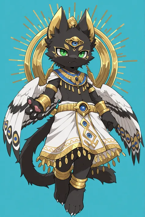 masterpiece, best quality, ultra-detailed, full body, solo, simple background,  1 boy, furry,cat  ears, ショタ体型,
egyptian god horus, anthropomorphic falcon boy, elegant outfit, white cloth kilt, golden belt with blue gems, ornate chest ornament, shoulder clo...