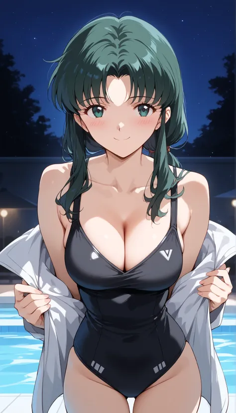 Misato katsuragi, Alone, (cowboy shot), dark green hair, long hair, green eyes, low ponytail, anime coloring, blue eyes, shoulder-mounted hair , pretty face, cleavage, (sexy black swimsuit ), (undressing:1.3), (bright smile:1.1), (blush:1.2), (shy:1.2), (...