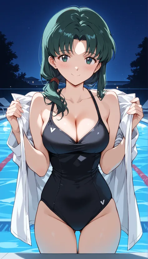 Misato katsuragi, Alone, (cowboy shot), dark green hair, long hair, green eyes, low ponytail, anime coloring, blue eyes, shoulder-mounted hair , pretty face, cleavage, (sexy black swimsuit ), (undressing:1.3), (bright smile:1.1), (blush:1.2), (shy:1.2), (...