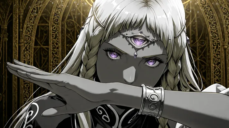 high quality, masterpiece, best quality, Eupha from Metaphor ReFantazio, confident pose, dark skin tone, beautiful face in focus, golden light illumination, detailed character portrait, ornate fantasy outfit, intricate clothing details, rich fabric texture...