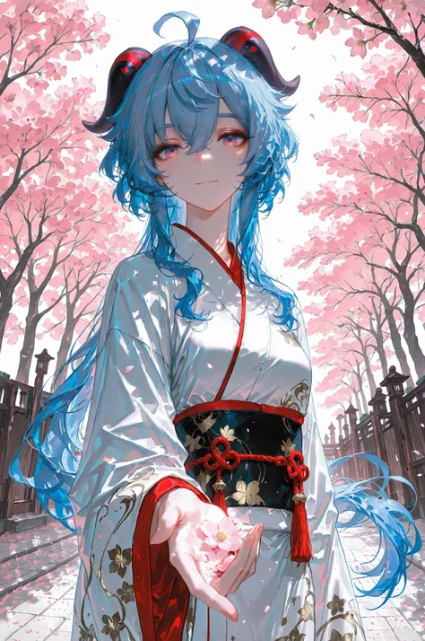 ((best quality:1.4,beautiful detailed eyes)) ,girl 9 years old, solo,perfect body, ganyu \(genshin impact\), (kimono costume), happy, outdoor, japanese, cherry blossom, looking at viewer //,depth of field,(artist:quasarcake:0.8),extreme aesthetic,(wlop:0.6...