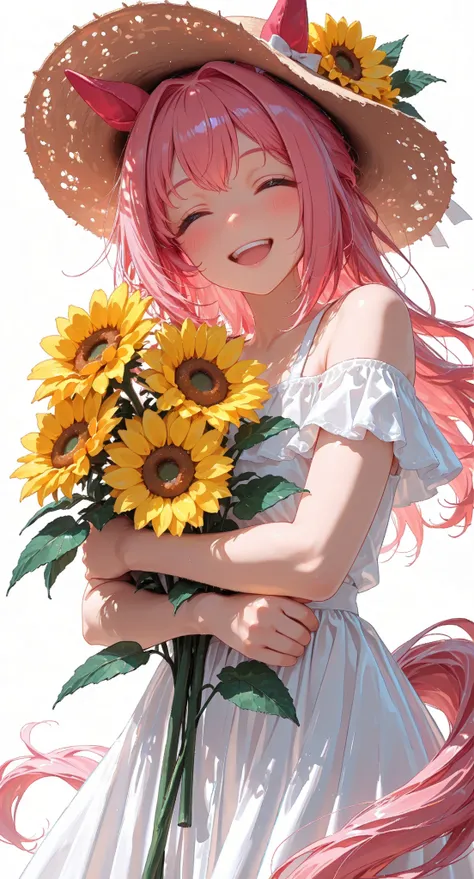 haru urara \(umamusume\), 1girl, animal ears, blush, closed eyes, dress, ears through headwear, flower, hat, horse ears, horse girl, horse tail, long hair, open mouth, pink hair, simple background, smile, solo, straw hat, sun hat, sundress, sunflower, tail...