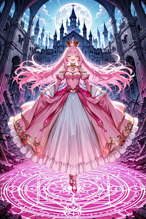 pink hair,centered around the girl with long hair at the center of the magic circle,A crown like a queen, Shining Jewel ,pink dress,Sparkling Smile,ruins,Abandoned castle,rough background