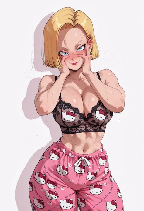Android 18 dragon ball official style, blonde hair, blue eyes, cute smile, view at viwer, Perfect body, solo, medium breast, looking at viewer, charming smile, cowboy shot, masterpiece, best quality, very aesthetic, absurdres, from forward, thick thighs, j...