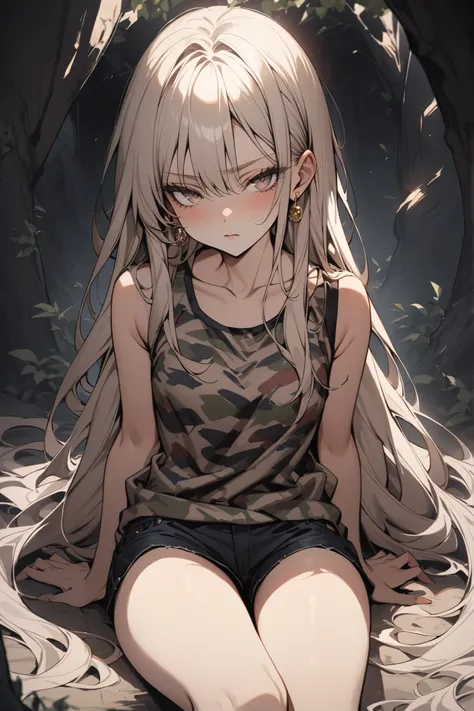 ((masterpiece,Highest Quality:1.2)),(soro),slender,A junior high school girl who sits on the ground in a dark cave, opens her legs wide to the left and right, poses with her legs open, and stares at us,cowboy shot,beautiful skin,(Thin thighs),(healthy tann...