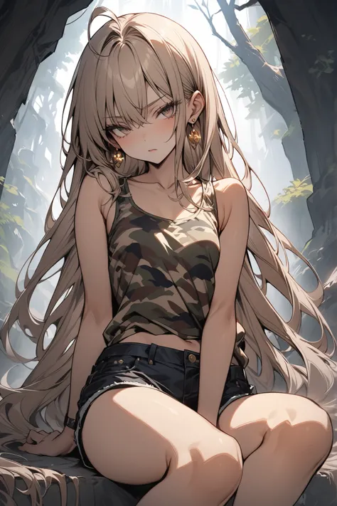 ((masterpiece,Highest Quality:1.2)),(soro),slender,A junior high school girl who sits on the ground in a dark cave, opens her legs wide to the left and right, poses with her legs open, and stares at us,cowboy shot,beautiful skin,(Thin thighs),(healthy tann...