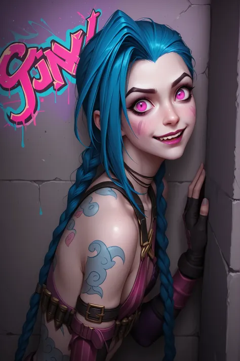 jinx: League of Legends game character leaning against a wall filled with bold and vibrant graffiti, blue hair, braided pigtails