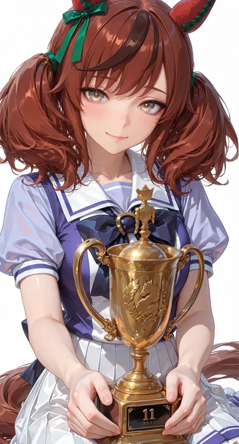 nice nature \(umamusume\), 1girl, animal ears, bow, bowtie, brown eyes, brown hair, horse ears, horse girl, horse tail, horseshoe ornament, miniskirt, multicolored hair, origami, pleated skirt, puffy short sleeves, puffy sleeves, purple shirt, sailor colla...