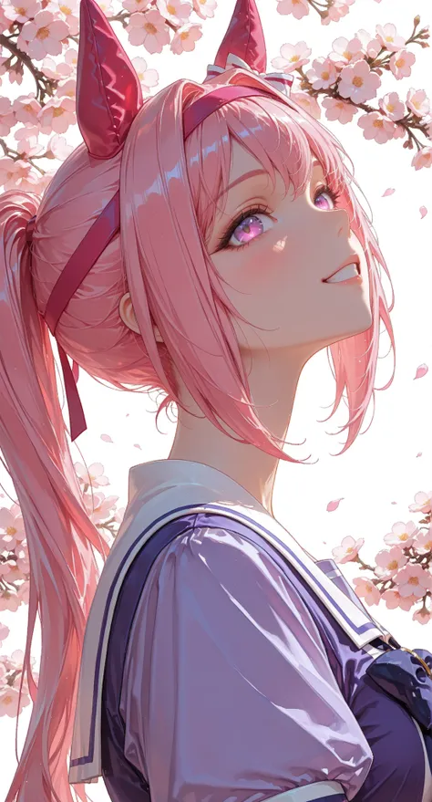 haru urara \(umamusume\), 1girl, animal ears, blush, cherry blossoms, ear covers, from side, grin, hair intakes, hairband, horse ears, horse girl, long hair, looking up, pink hair, pink hairband, ponytail, purple eyes, purple shirt, sailor collar, school u...