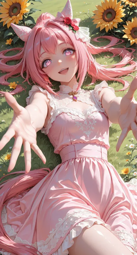 haru urara \(umamusume\), 1girl, alternate costume, animal ears, bare shoulders, blush, bow, dress, ear bow, ear covers, flower, flower-shaped pupils, flower in eye, grass, hair flower, hair ornament, horse ears, horse girl, horse tail, long hair, looking ...