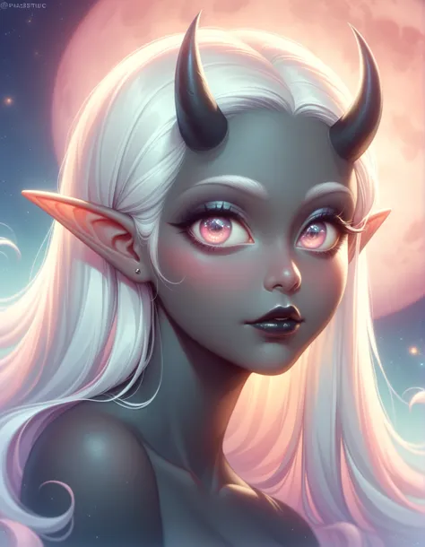 ((Masterpiece)), ((highres)), ((1person)), Random poses, beautifully detailed succubus girl, ((pastel moon background)), long white hair, defined elf ears with ear guages, defined eyes, pastel iris, long eye lashes, defined nose, black lipstick, (((Black s...