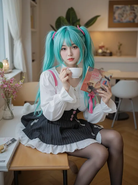 seated,The woman who cosplayed as Hatsune Miku、Drinking coffee while reading a book at a coffee shop、Realistic、portrait、4K、high resolution、Extremely Detailed Description、studio lighting、REALISTIC TEXTURE、Cheerful Atmosphere、Warm Colors、Calm Expression、A re...