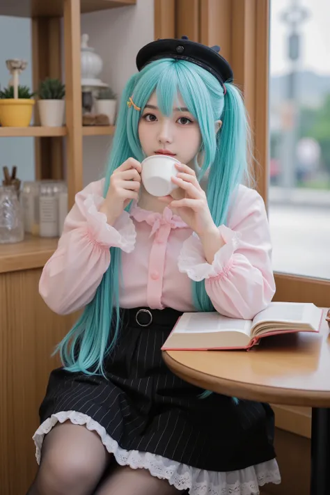 The woman who cosplayed as Hatsune Miku、Drinking coffee while reading a book at a coffee shop、Realistic、portrait、4K、high resolution、Extremely Detailed Description、studio lighting、REALISTIC TEXTURE、Cheerful Atmosphere、Warm Colors、Calm Expression、A realistic...