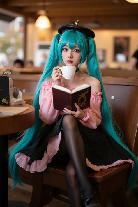 The woman who cosplayed as Hatsune Miku、Drinking coffee while reading a book at a coffee shop、Realistic、portrait、4K、high resolution、Extremely Detailed Description、studio lighting、REALISTIC TEXTURE、Cheerful Atmosphere、Warm Colors、Calm Expression、A realistic...