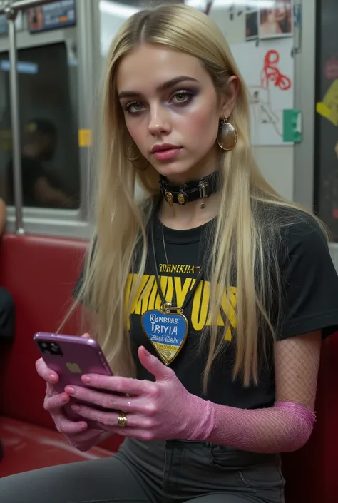 A young girl age15 with long platina blonde hair and pale skin. She wears a dog collar around her neck, from which hangs blue and yellow tag with the text "Ukraine" with golden rim. Her expression is neutral or slightly suggestive. She is wearing a skintig...