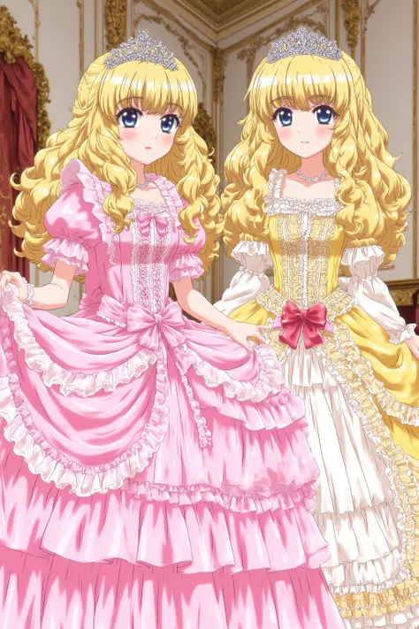 masterpiece, very beautiful, (Anime Coloring, animated screenshot), OFFICIAL ART, illustration, 1990's Anime Style,
1girl, masterpiece, Highest Quality, absurd, OFFICIAL ART, Official Style, Cute Princess, she's smiling,((pink silk satin victorian style la...