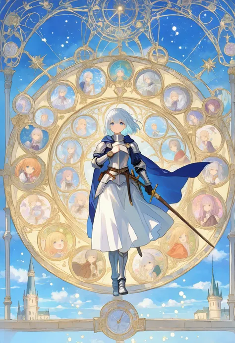 masterpiece:1.2, , dragon knight, silver armor mail, romantic castle background, sunny,
,fantasy style illustration, hand drawn outline, watercolor anime, ultra detailed drawing,angelic atmosphere, kawaii anime,soft color, glittering particles, bright imag...