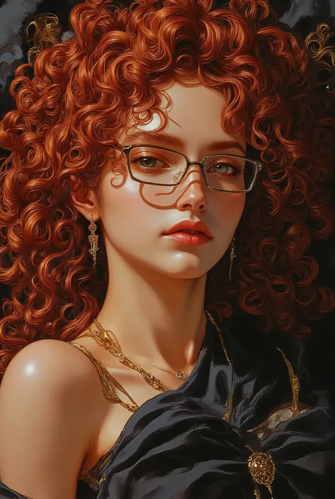 impasto, cool style, soft monet bl manhwa brush painting style, (detailed eyes=1.2), irisdiscent skin, high quality, extremely detailed, extremely delicate line, amazing color, masterpiece, 1 woman, tall, sexy, handsome, long curly red hair, sharp eyes, lo...