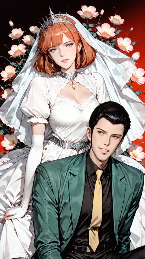 cinematic, (masterpiece), (best quality), (ultra-detailed), very aesthetic, realistic illustration, perfect composition, intricate details, absurdres, score_9, score_8_up, score_7_up, masterpiece, １girl,1man,(1girl,Clarissetiara,veil, orange hair,detail eyes,white dress,turtleneck,short_sleeves, elbow gloves,,Clarisse, hair,bob_cut,blue eyes),break,(1man,Lupin,black hair,short hair,black eyes,detail eyes,green jacket,black shirt,yellow tie,open jacket, black pants,grin),ink painting,pink flowers on background,red background,1980’s anime style 