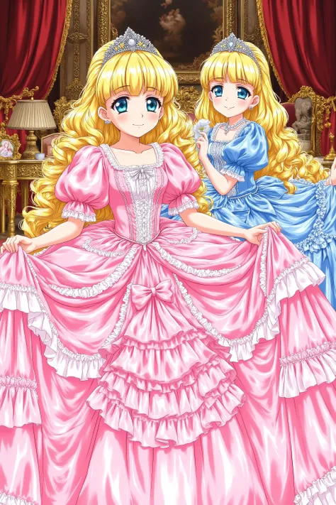 masterpiece, very beautiful, (Anime Coloring, anime screenshot), OFFICIAL ART, illustration, 1990's anime style,
1girl, masterpiece, Highest Quality, absurd, OFFICIAL ART, Official Style, Cute Princess, she's smiling,((pink silk satin victorian style large...