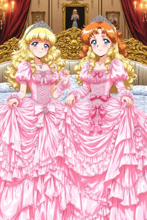 masterpiece, very beautiful, (Anime Coloring, anime screenshot), OFFICIAL ART, illustration, 1990's anime style,
1girl, masterpiece, Highest Quality, absurd, OFFICIAL ART, Official Style, Cute Princess, she's smiling,((pink silk satin victorian style large...