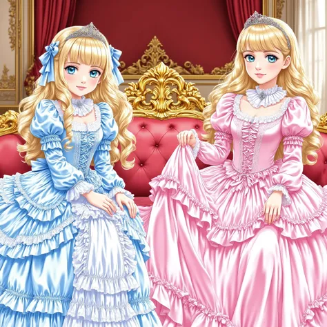 masterpiece, very beautiful, (Anime Coloring, animated screenshot), OFFICIAL ART, illustration, 1990's Anime Style,
1girl, masterpiece, Highest Quality, absurd, OFFICIAL ART, Official Style, Cute Princess, she's smiling,((pink silk satin victorian style la...