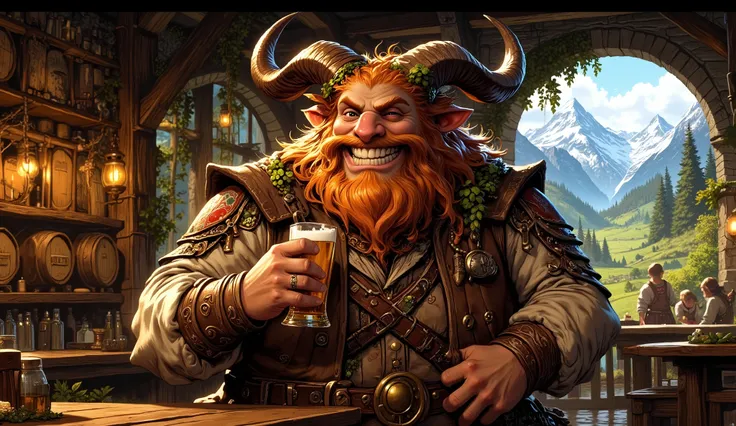 Cozy panorama at 16:9 from a plump and smiling faun master brewer in his mountain brewery. His sturdy and inviting figure wears a well-kept brown leather apron with pockets filled with beer tools and a handkerchief red and white plaid on the neck. His coat...