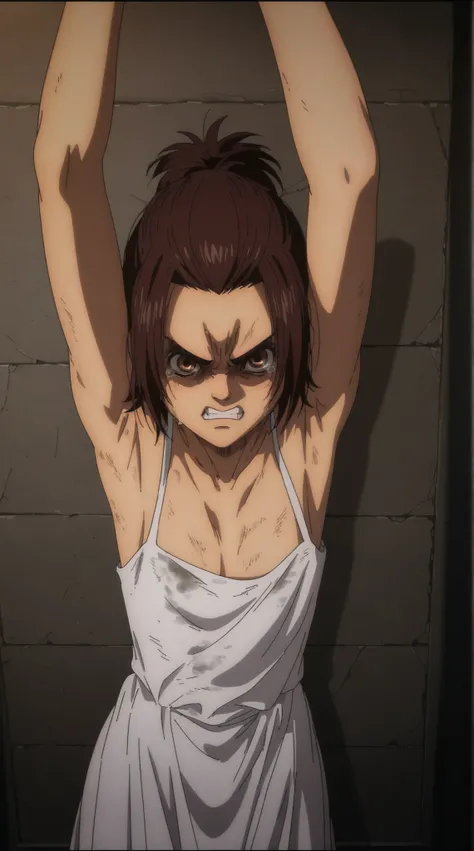 there is a young  girl in a white dress captived in the prison room, upper body avatar, second life avatar, armpit, beautiful realistic upper body, sexsy pose, dirty clothe, upper body close up, sensual pose, hyperrealistic teen, desperate pose, realistic ...