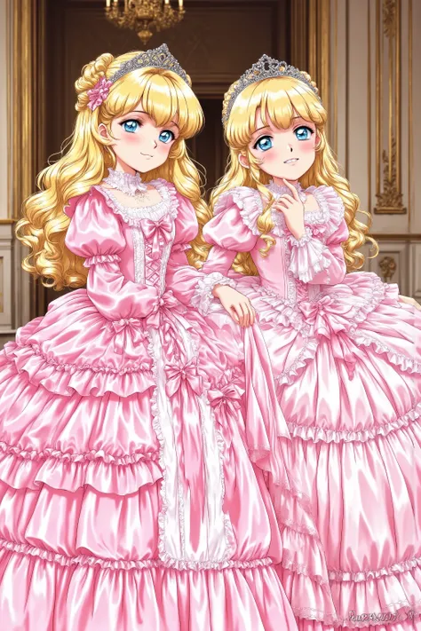 masterpiece, very beautiful, (Anime Coloring, animated screenshot), OFFICIAL ART, illustration, 1990's Anime Style,
1girl, masterpiece, Highest Quality, absurd, OFFICIAL ART, Official Style, Cute Princess, she's smiling,((pink silk satin victorian style la...