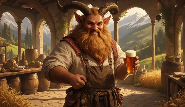 Cozy panorama at 16:9 from a plump and smiling faun master brewer in his mountain brewery. His sturdy and inviting figure wears a well-kept brown leather apron with pockets filled with beer tools and a handkerchief red and white plaid on the neck. His coat...