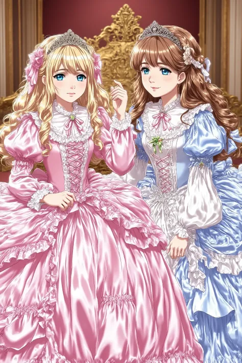 masterpiece, very beautiful, (Anime Coloring, animated screenshot), OFFICIAL ART, illustration, 1990's Anime Style,
1girl, masterpiece, Highest Quality, absurd, OFFICIAL ART, Official Style, Cute Princess, she's smiling,((pink silk satin victorian style la...