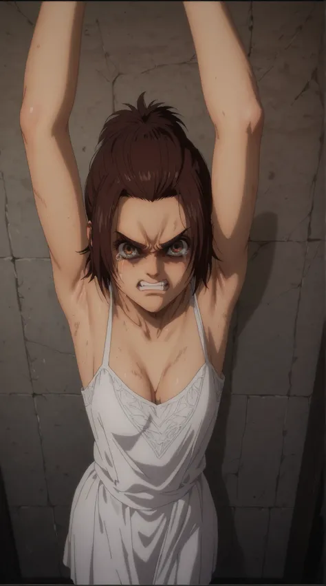 there is a young girl in a white dress captived in the prison room, upper body avatar, second life avatar, armpit, beautiful realistic upper body, sexsy pose, dirty clothe, upper body close up, sensual pose, hyperrealistic teen, desperate pose, realistic s...