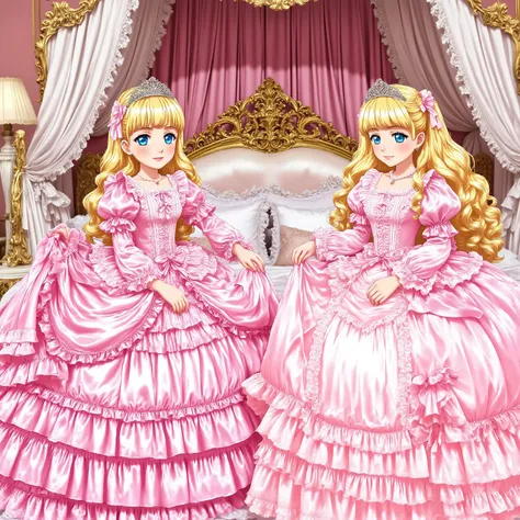 Far Distance,masterpiece, very beautiful, (Anime Coloring, animated screenshot), OFFICIAL ART, illustration, 1990's Anime Style,
1girl, masterpiece, Highest Quality, absurd, OFFICIAL ART, Official Style, Cute Princess, she's smiling,((pink silk satin victo...