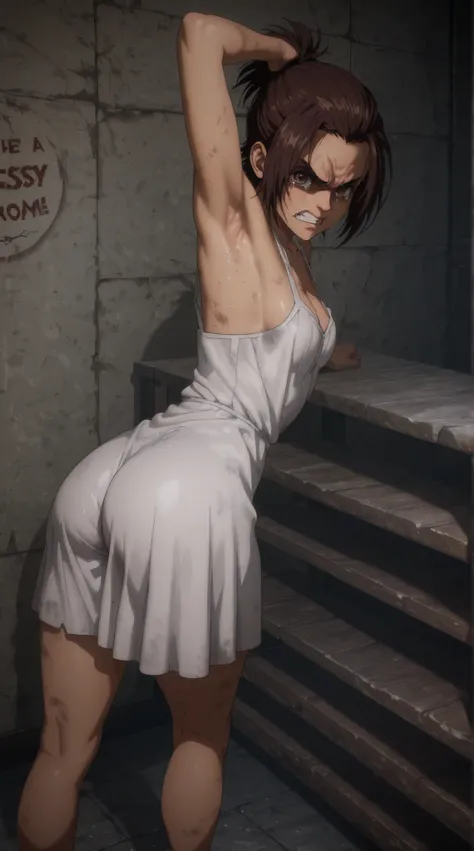 there is a young girl in a white dress captived with both of her hands rised up in the prison room, upper body avatar, second life avatar, armpit, beautiful realistic upper body, sexsy pose, dirty clothe, upper body close up, sensual pose, hyperrealistic t...