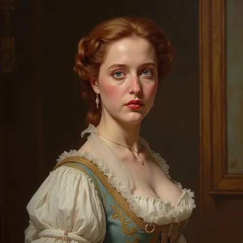 A realistic portrait of beautiful young Gillian Anderson in 19th century England. Elegant and Delicate Expression, graceful posture, Detailed Clothing Details, Luxury Background, detailed oil painting, professional, clear focus, physically based rendering,...