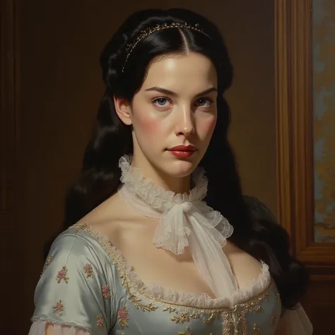 A realistic portrait of beautiful Liv Tyler in 19th century England. Elegant and Delicate Expression, graceful posture, Detailed Clothing Details, Luxury Background, detailed oil painting, professional, clear focus, physically based rendering, highly detai...