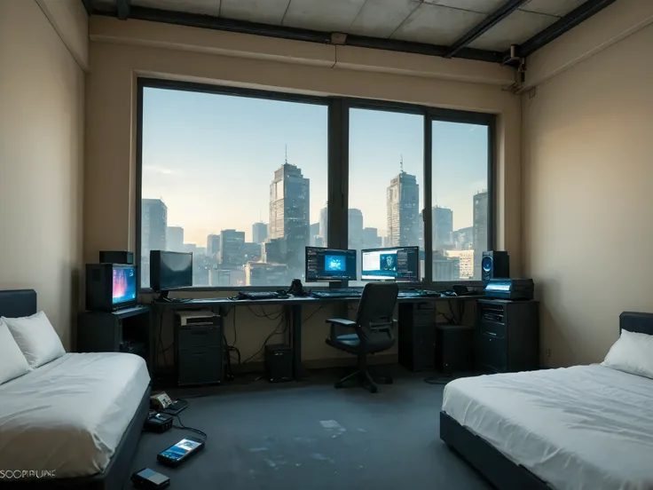 An empty room in a building with a gaming computer and a large window in the background showing a city, cyberpunk style