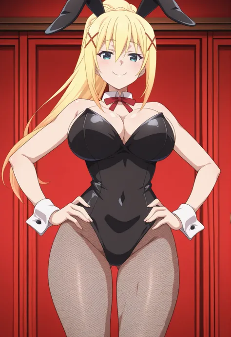  Darkness(Konosuba), blonde hair, long hair, ponytail, Darkness-Liver020, , red ribbon, x hair ornament, Darkness-Liver020, blue-green eyes ,big breasts, athletic body, mature, tall, masterpiece, bare shoulders, detailed, hot, looking at viewer, Accurate, ...