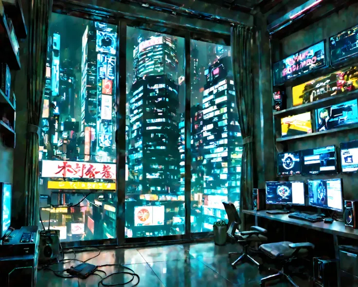 An empty room in a building with a gaming computer and a large window in the background showing a city, cyberpunk style