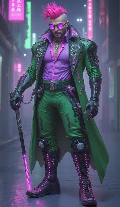 Photorealism, cyberpunk, ultrarealism, a full-length charismatic slender male character with a massive jaw, dazzling white teeth and a radiant smile. He is wearing huge pink sunglasses, bright red hair with shaved temples is varnished up and combed to the ...