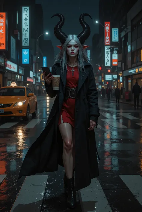 Masterpiece, best quality, ultra-detailed, photorealistic, 8K. A stunningly beautiful demoness with pale skin and intelligent crimson eyes is crossing a rain-slicked city intersection at night. Her long, silver hair is damp from the drizzle. Two elegant, t...