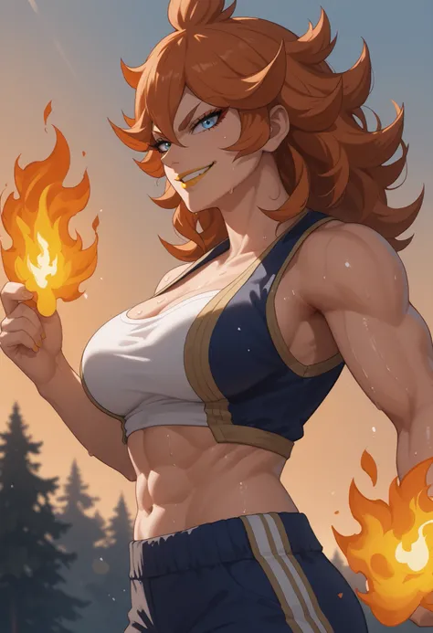 woman, large breasts, anime style, yellow lipstick, white skin, blue eyes, orange hair, strong, strong physique, fire, fighter, side view, sweating, training, looking at viewer, smile, sunset lighting, warm lighting, training camp, fire energy, white band ...