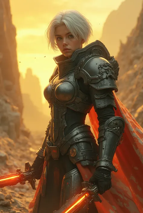 ((young female space-Templar warrior of the distant future)),(is the style of the Warhammer universe,)short-haired pixie Templar woman,in powerful high-tech heavy armor Templar of the Future Stormtrooper War,the style of the Templar ,hyperrealism,super det...