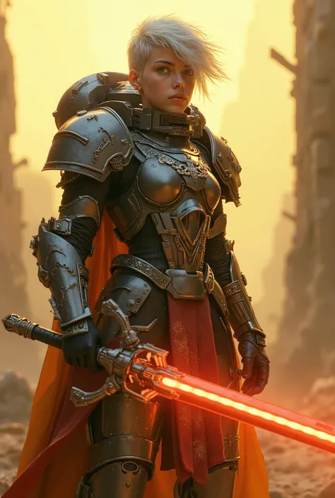 ((young female space-Templar warrior of the distant future)),(is the style of the Warhammer universe,)short-haired pixie Templar woman,in powerful high-tech heavy armor Templar of the Future Stormtrooper War,the style of the Templar ,hyperrealism,super det...
