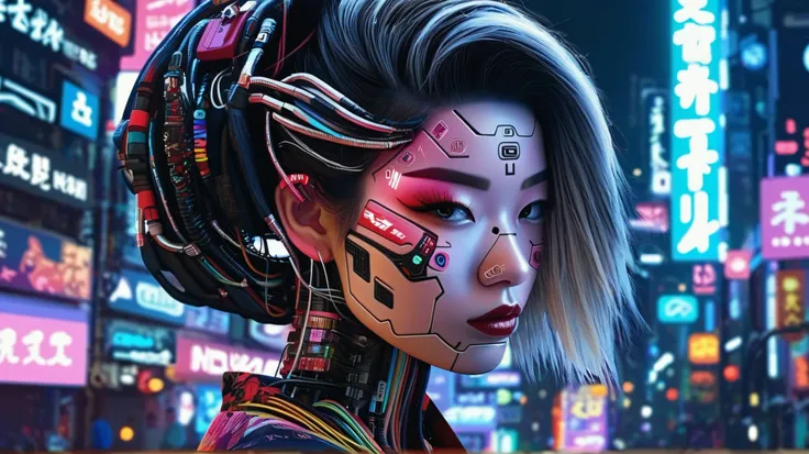 Hochtechnologie, futuristisch, cyborg girl, (fotorealistisch:1.4), Langes, hair made of cables, Roboter, lots of computer cables in the background, ultra high resolution, Ultra-HD, 8K, Neonlichter, Japanische Kultur, Kimono, Spanish demon, eon night cyber ...