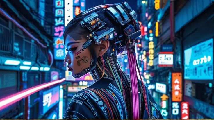 Hochtechnologie, futuristisch, cyborg girl, (fotorealistisch:1.4), Langes, hair made of cables, Roboter, lots of computer cables in the background, ultra high resolution, Ultra-HD, 8K, Neonlichter, Japanische Kultur, Kimono, Spanish demon, eon night cyber ...
