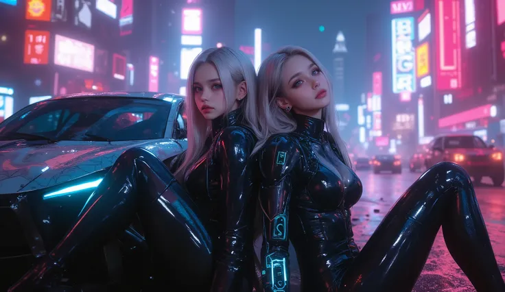 (Meisterwerk), (best quality), ultra-detailliert, fotorealistisch,  8k resolution , Kinematic daylight, 
two gothic girls sitting back to back, symmetrical dramatic pose,  
Hyperrealistic cyberpunk portrait of a stunning young woman in sleek black latex bo...